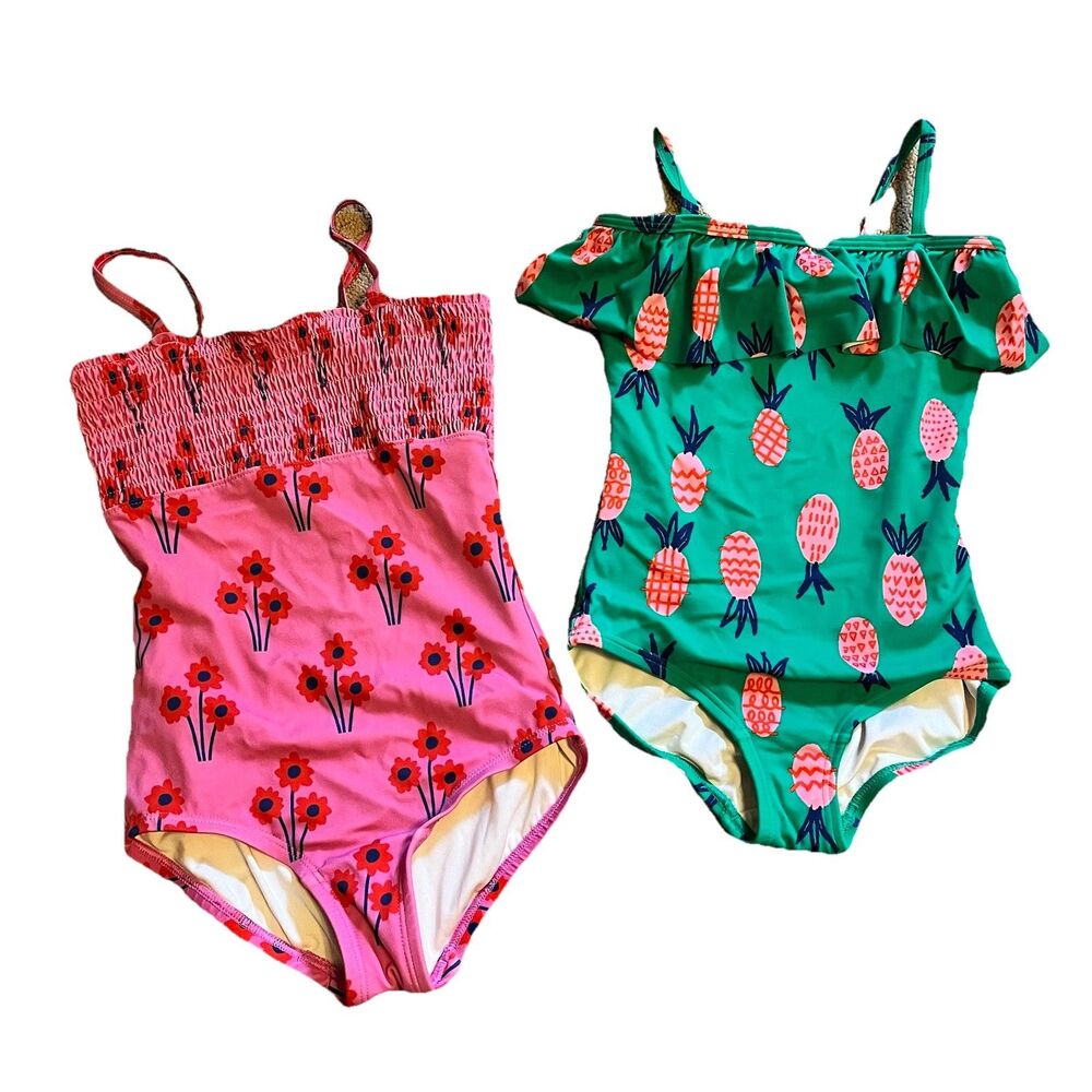 Hanna Andersson Girl Swimsuits Sz 5 One Piece Floral & Pineapple Pink Green